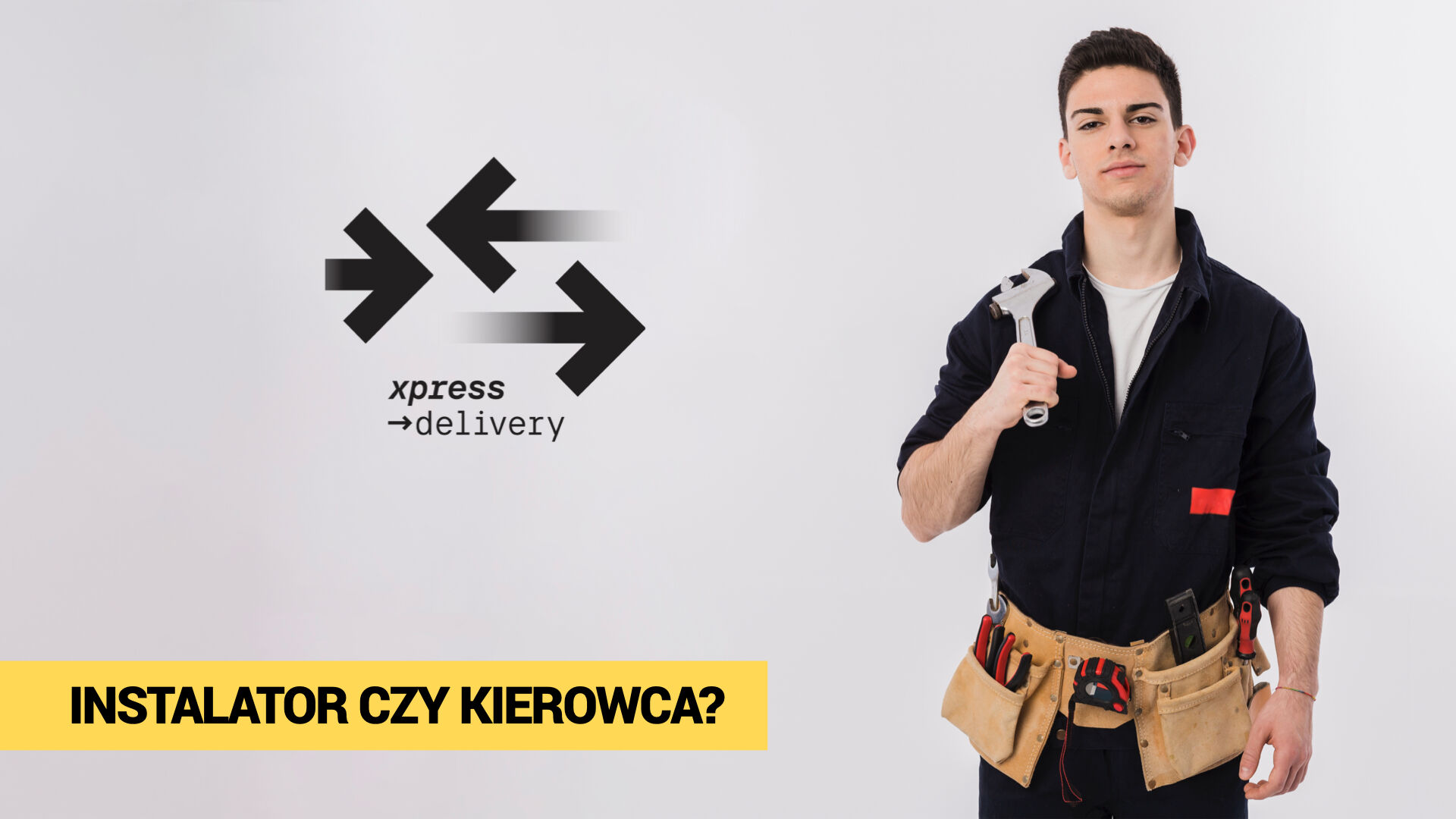 Portret technika lub instalatora z narzędziami w dłoni, symbolizujący dylemat firm wykonawczych: czy fachowiec powinien pracować, czy tracić czas na dojazdy po materiały? Obok widoczne logo xpress →delivery oraz hasło „INSTALATOR CZY KIEROWCA?” – podkreślające przekaz kampanii logistycznej skierowanej do hurtowni i firm z sektora HVAC, elektro i serwisów technicznych.