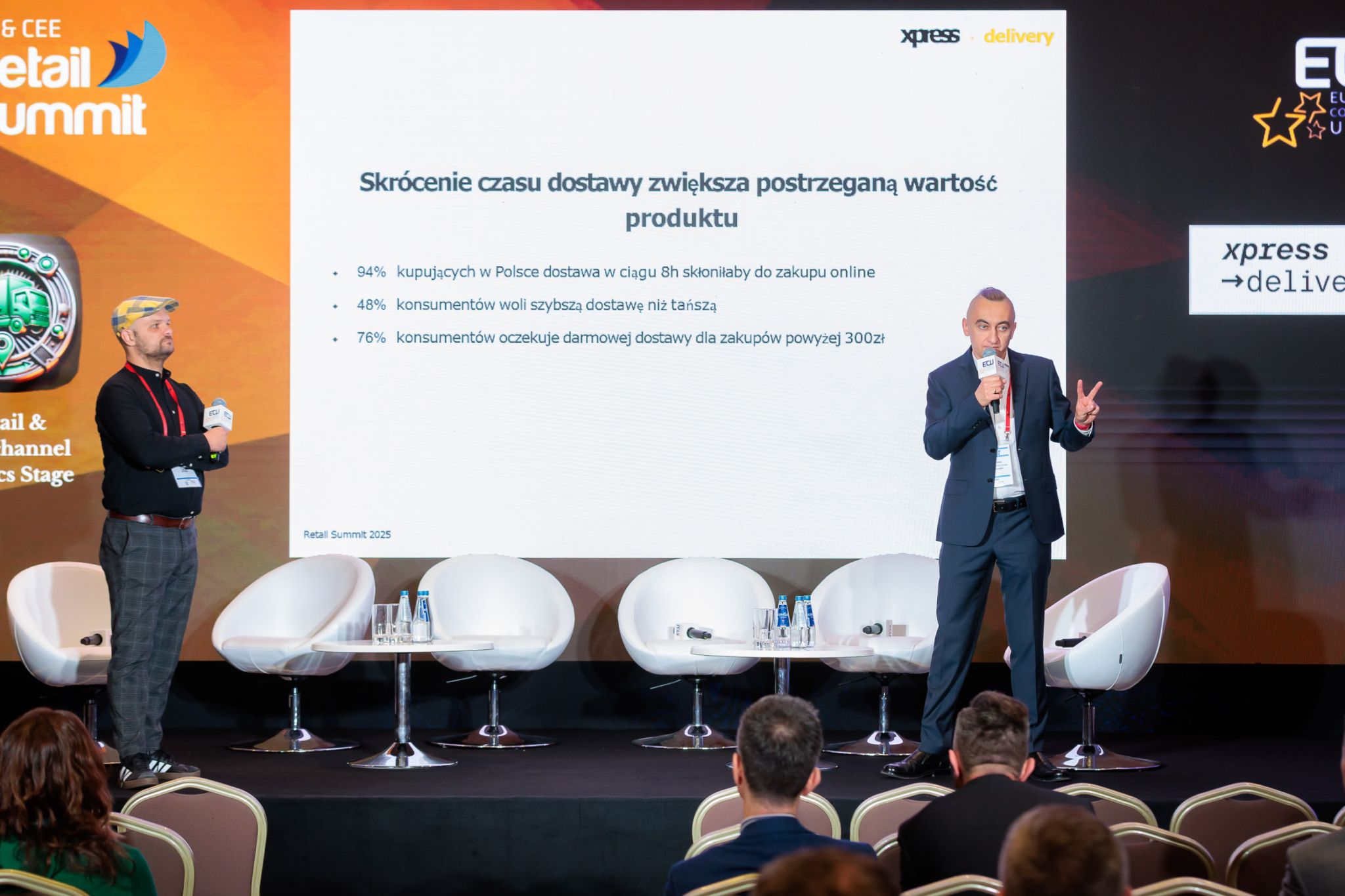 Scena z prelekcji xpress →delivery podczas Poland & CEE Retail Summit 2025. Tomasz Sójka i Wojciech Wiesner omawiają koncepcję HPL – High Proximity Logistic, prezentując dane dotyczące zachowań zakupowych Polaków w e-commerce i korzyści z ekspresowej dostawy. W tle widoczne logo konferencji ECU oraz wyniki badań konsumenckich.